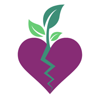 Purple broken heart with green plant vibrantly emerging upwards through the tear